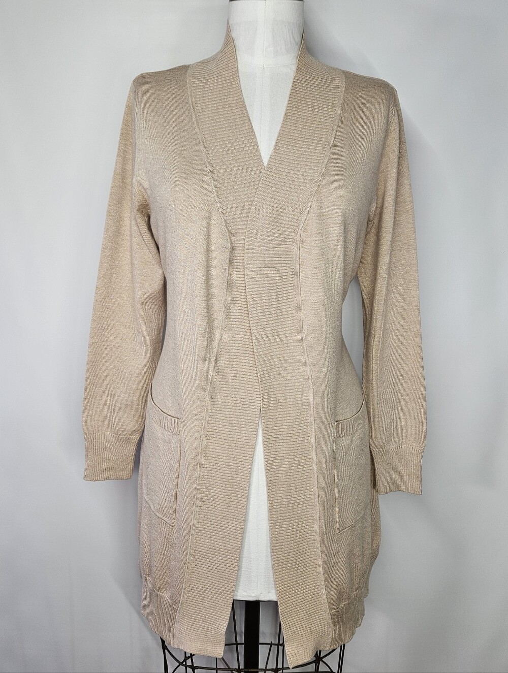 Cielo Size L/XL Duster 34" Cardigan Beige Khaki Open Front Knit Sweater Pockets